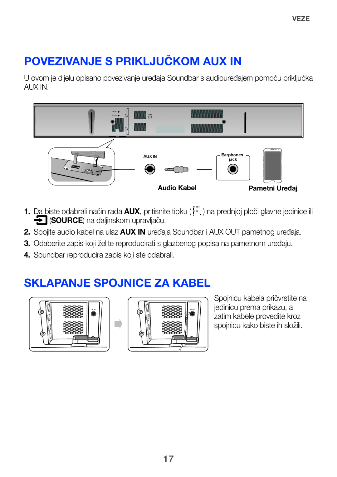 Samsung HW-F751/EN, HW-H751/EN, HW-H750/EN manual Povezivanje s priključkom AUX, Sklapanje spojnice za kabel 