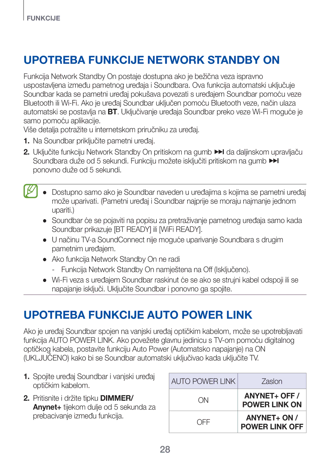 Samsung HW-H750/EN, HW-H751/EN Upotreba funkcije Network Standby On, Upotreba funkcije Auto Power Link, Optičkim kabelom 