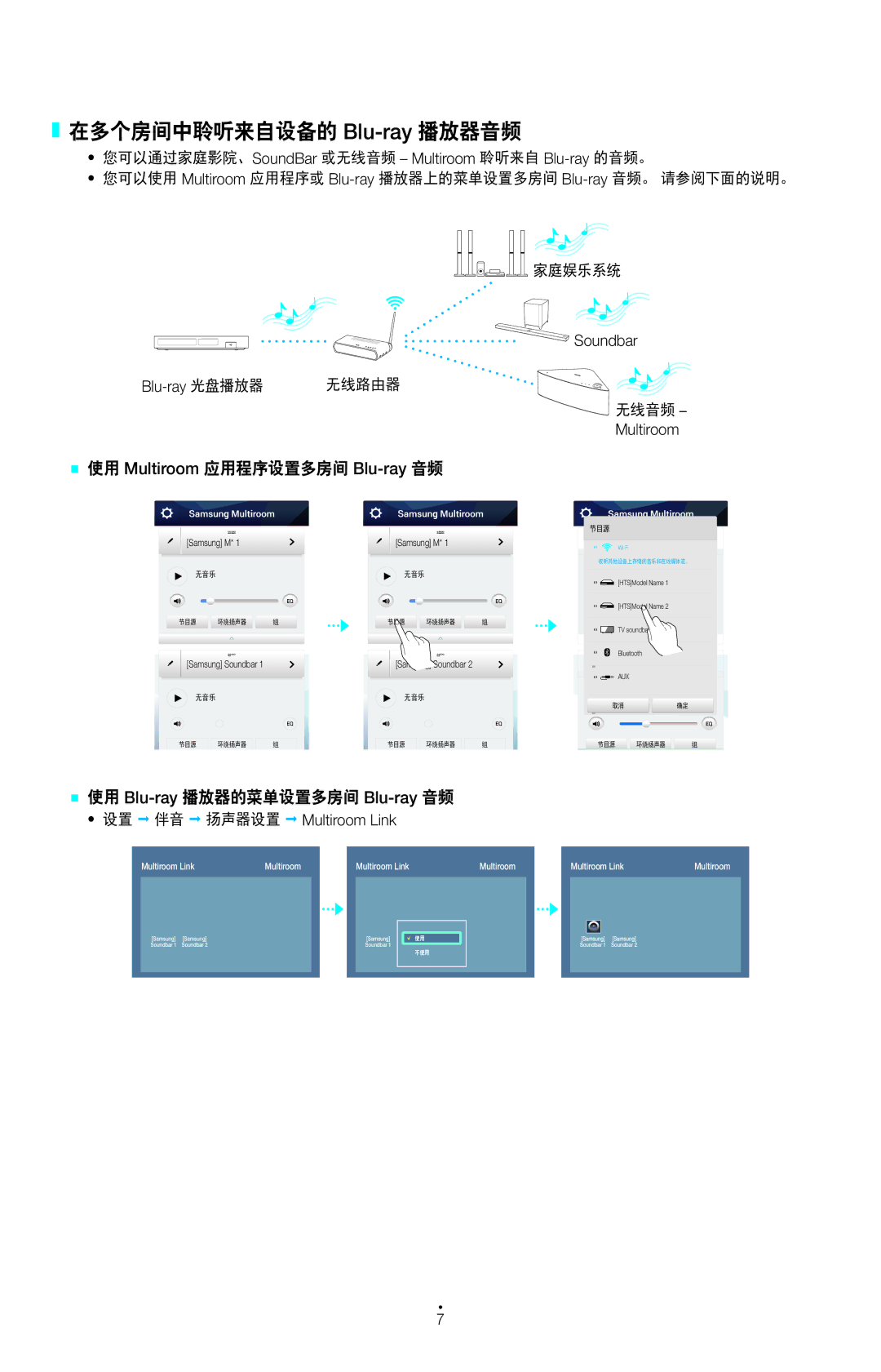 Samsung HW-H750/XN, HW-H751/EN manual 在多个房间中聆听来自设备的 Blu-ray播放器音频, `` 使用 Blu-ray播放器的菜单设置多房间 Blu-ray音频, Soundbar Blu-ray 光盘播放器 