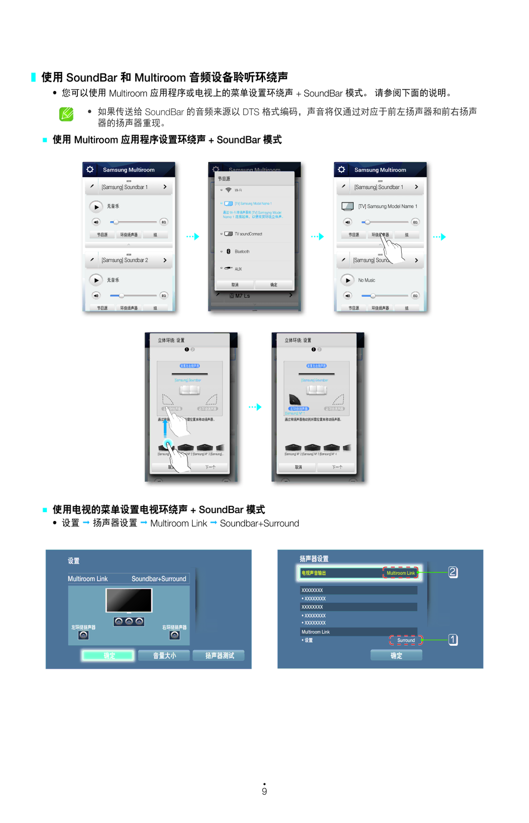 Samsung HW-H750/EN manual `` 使用电视的菜单设置电视环绕声 + SoundBar 模式, 设置 扬声器设置 Multiroom Link Soundbar+Surround, Samsung AUX Soundbar 