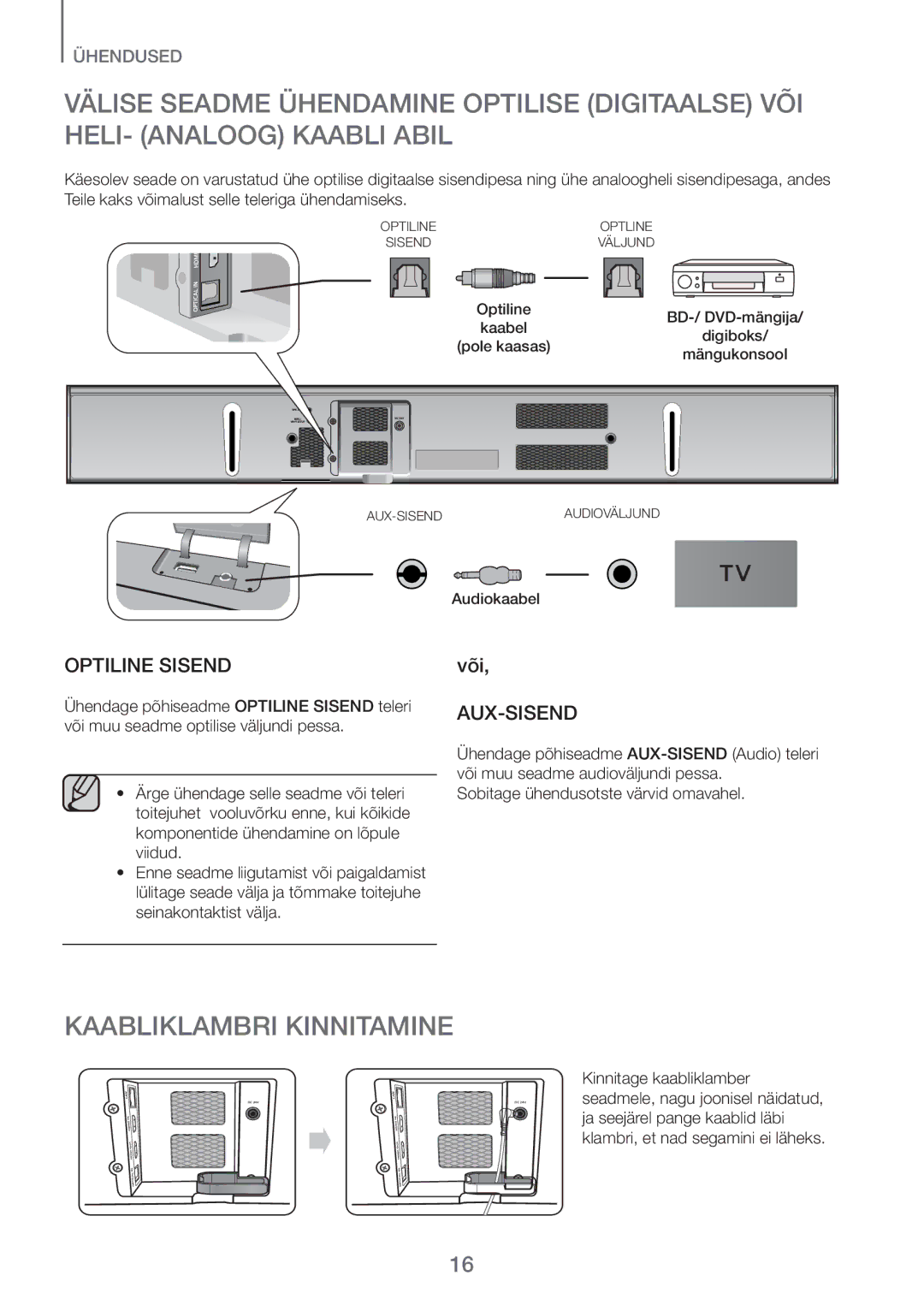 Samsung HW-H751/EN, HW-H750/EN manual Kaabliklambri Kinnitamine, Optiline Sisend 