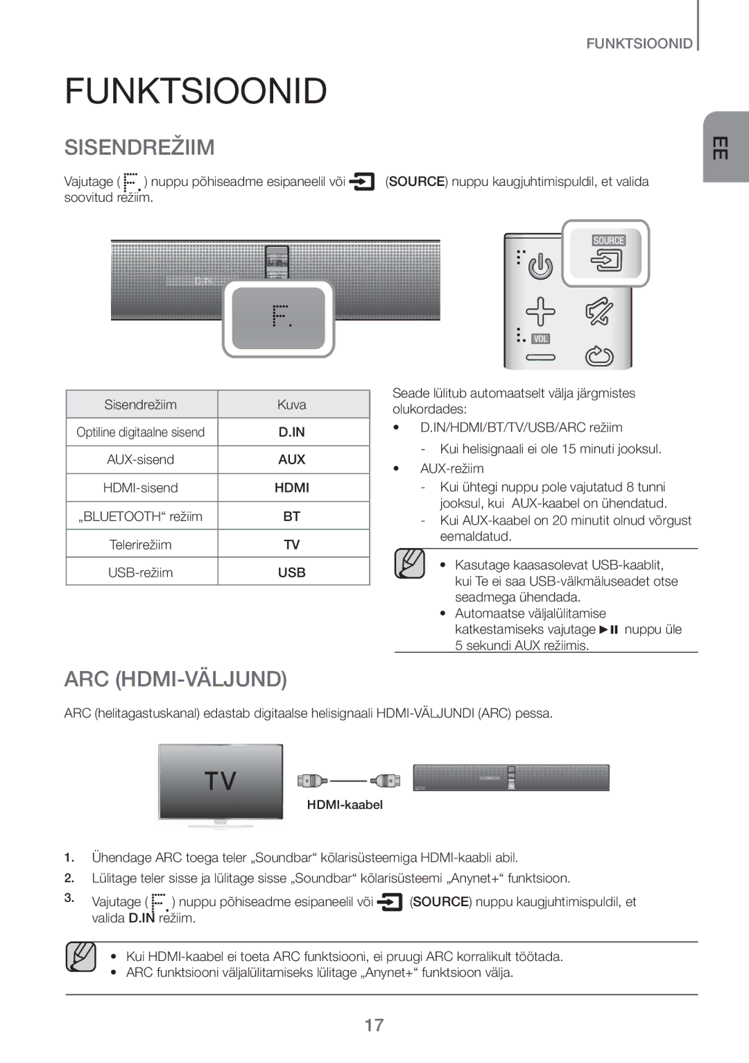 Samsung HW-H750/EN, HW-H751/EN Funktsioonid, Sisendrežiim, Arc Hdmi-Väljund, Vajutage Nuppu põhiseadme esipaneelil või 