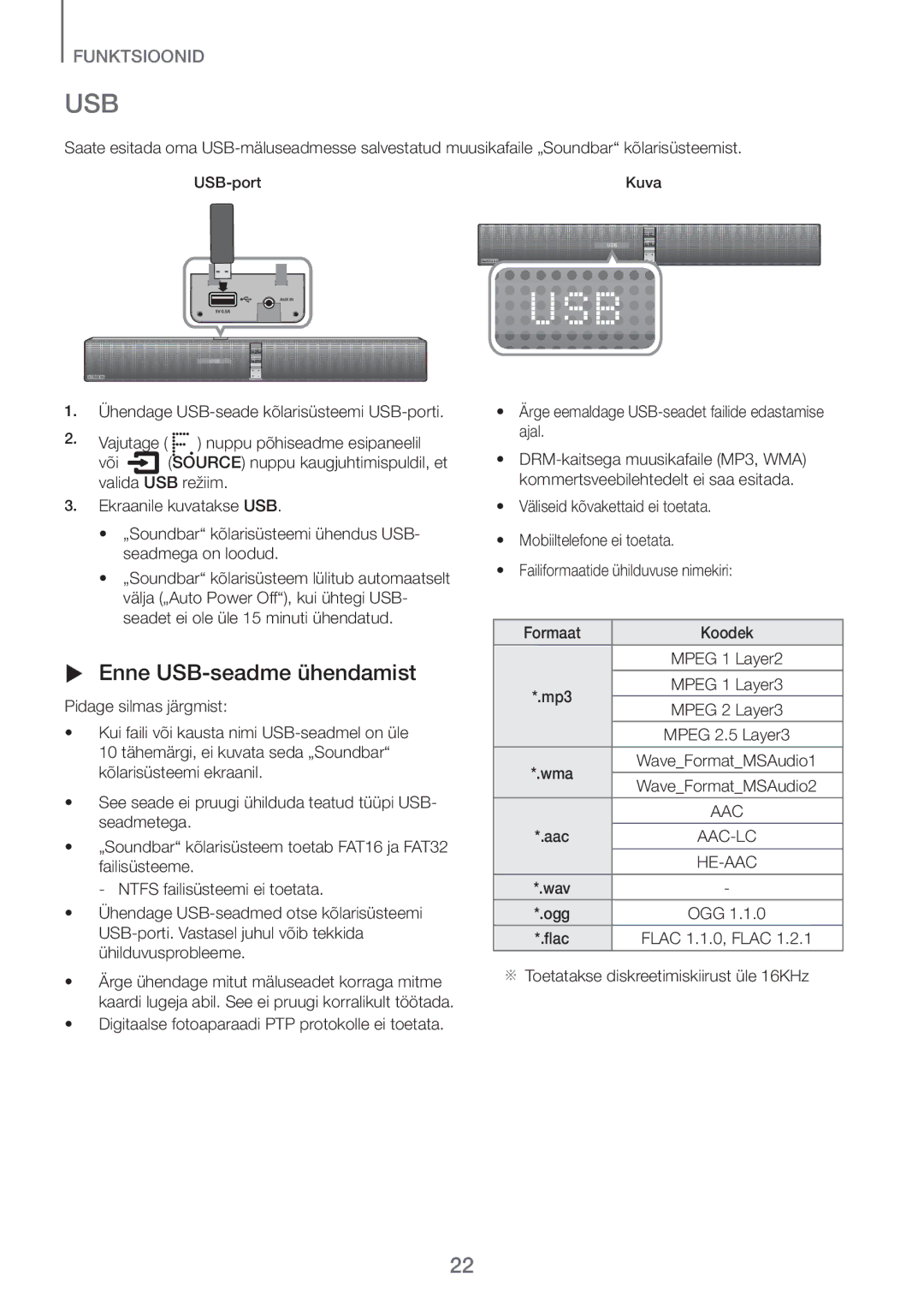 Samsung HW-H751/EN, HW-H750/EN manual Usb,  Enne USB-seadme ühendamist, ※ Toetatakse diskreetimiskiirust üle 16KHz 