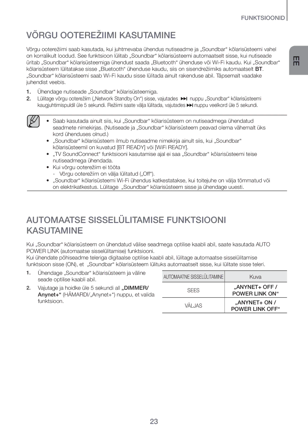 Samsung HW-H750/EN, HW-H751/EN manual Võrgu Ooterežiimi Kasutamine, Automaatse Sisselülitamise Funktsiooni Kasutamine 