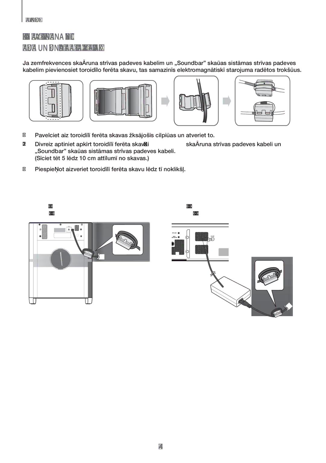 Samsung HW-H751/EN, HW-H750/EN manual Toroidālā Ferīta Skavas Pievienošana Zemfrekvences 