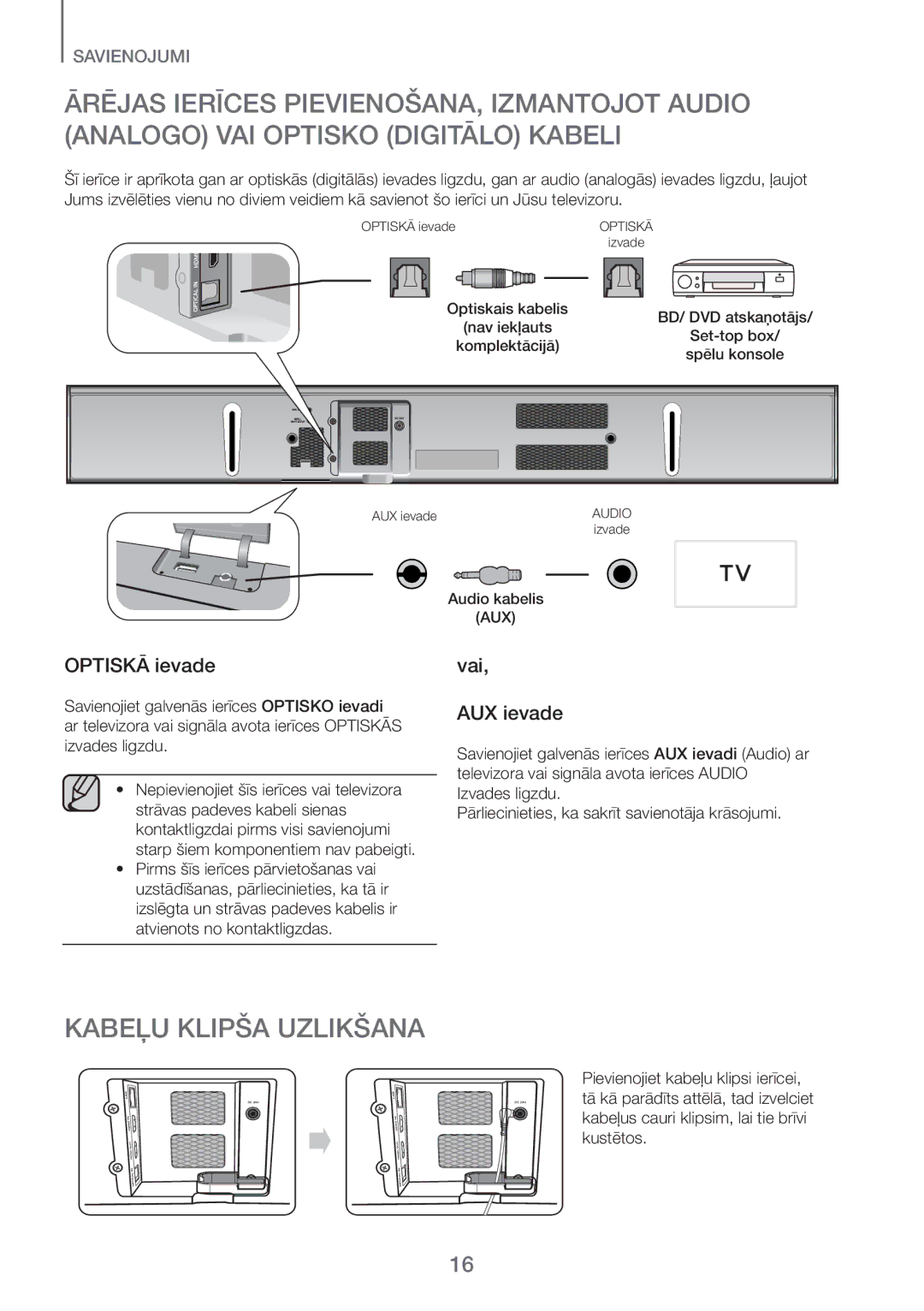 Samsung HW-H751/EN, HW-H750/EN manual Kabeļu Klipša Uzlikšana, Optiskā ievade, Vai AUX ievade 