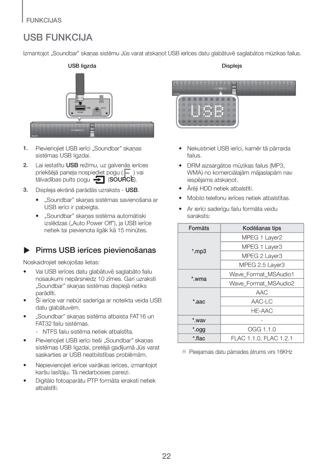 Samsung HW-H751/EN manual USB Funkcija,  Pirms USB ierīces pievienošanas, ※ Pieejamais datu pārraides ātrums virs 16KHz 