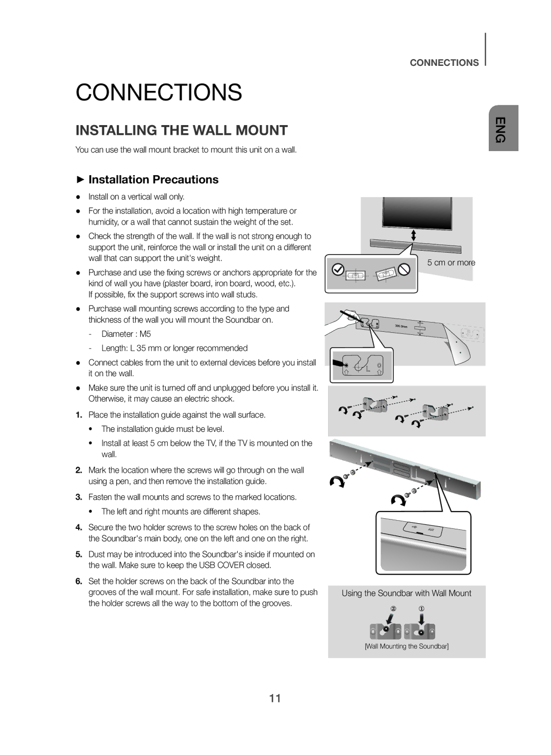 Samsung HW-H751/SQ manual Connections, Installing the Wall Mount, + Installation Precautions 