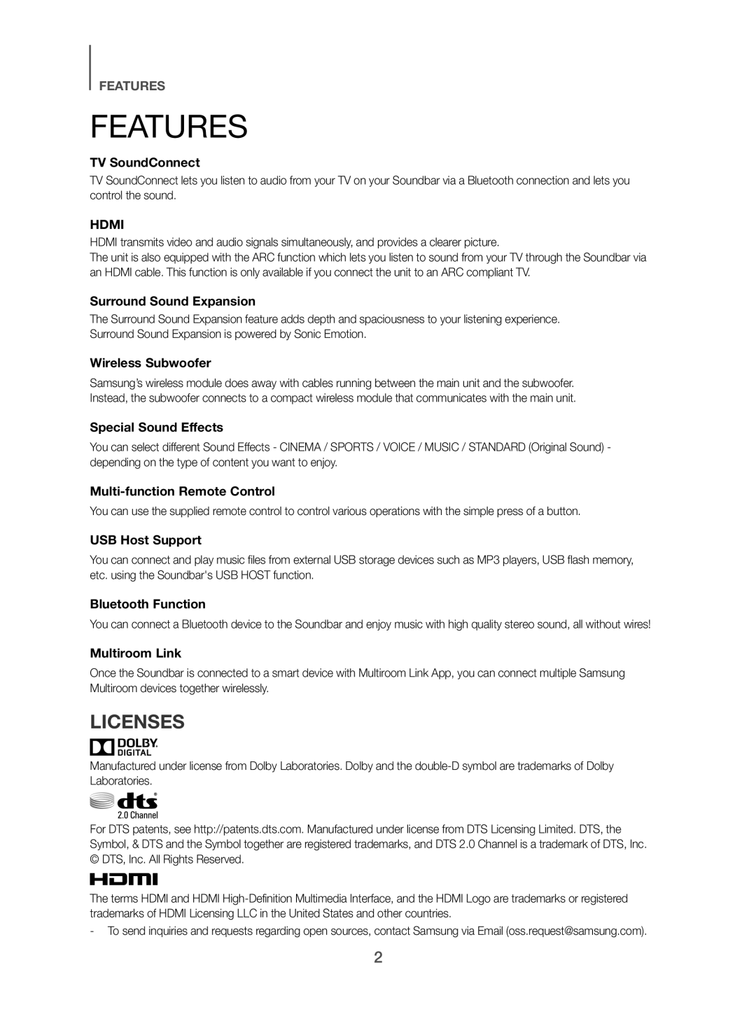 Samsung HW-H751/SQ manual Features, Licenses 