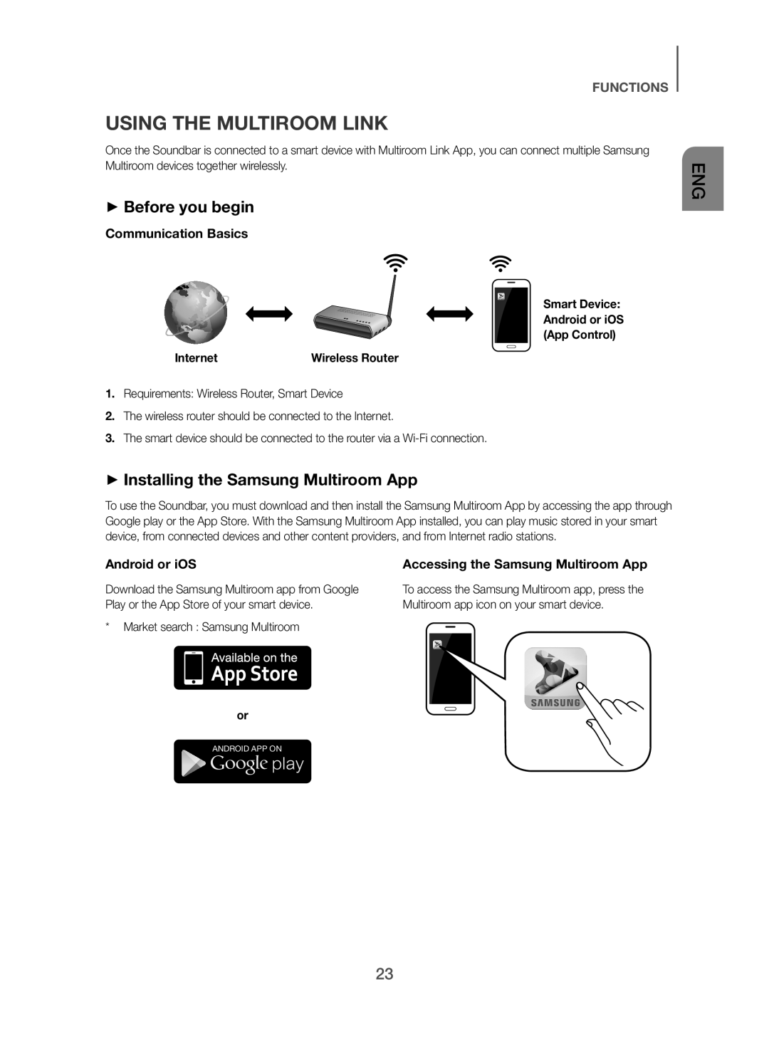 Samsung HW-H751/SQ Using the Multiroom Link, + Before you begin, + Installing the Samsung Multiroom App, Android or iOS 