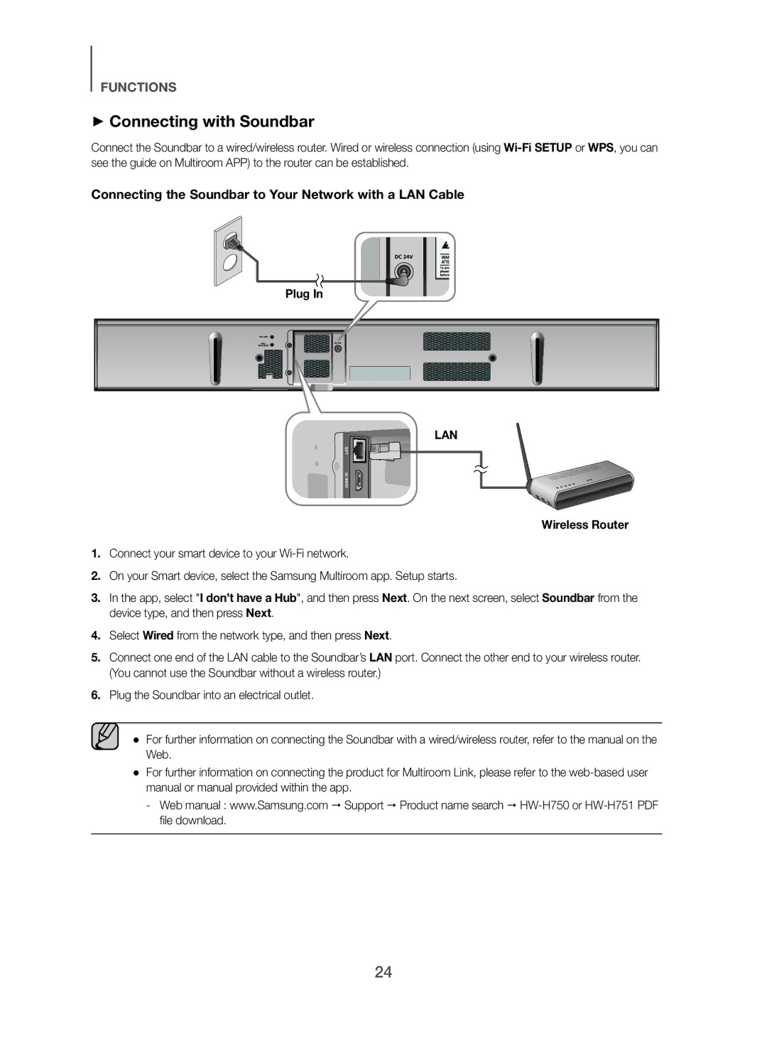 Samsung HW-H751/SQ manual + Connecting with Soundbar, Connecting the Soundbar to Your Network with a LAN Cable, Plug 