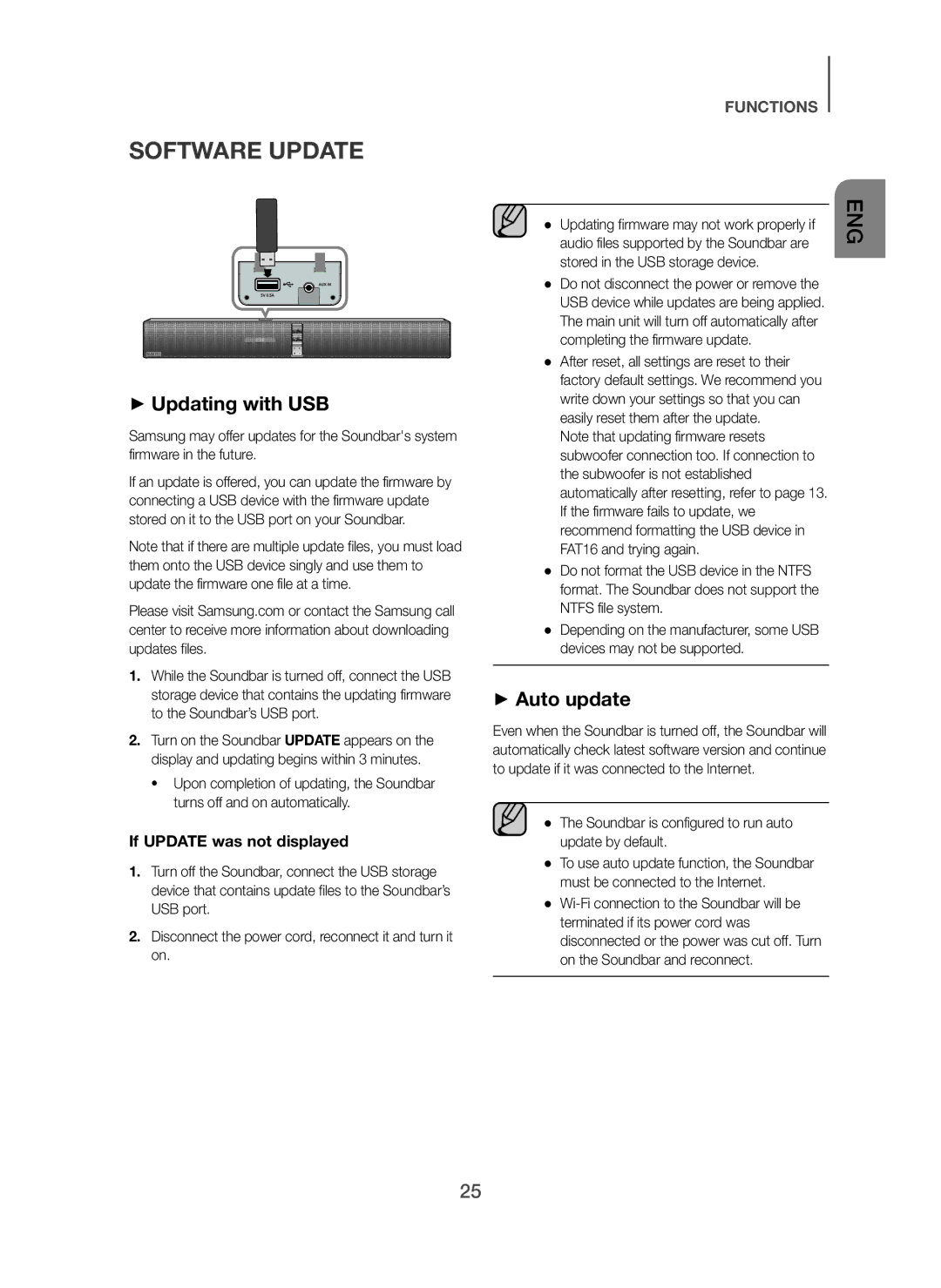 Samsung HW-H751/SQ manual Software Update, + Updating with USB, + Auto update, If Update was not displayed 