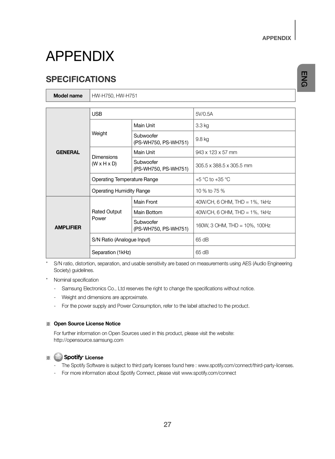 Samsung HW-H751/SQ manual Appendix, Specifications, Model name, Open Source License Notice 