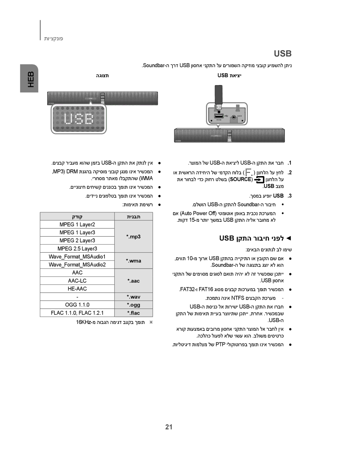 Samsung HW-H751/SQ manual Usb ןקתה רוביח ינפל, הגוצת, Aac 