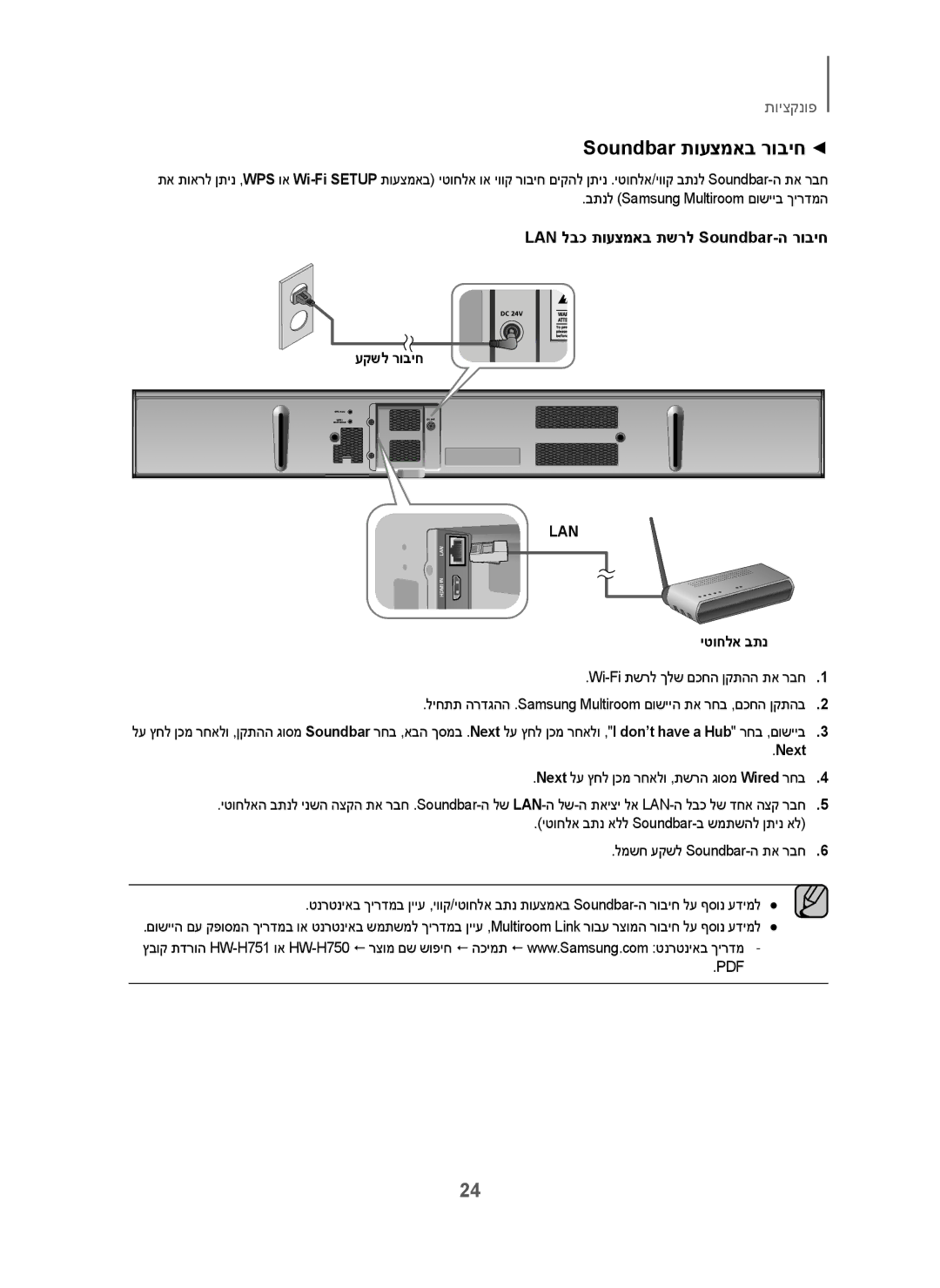 Samsung HW-H751/SQ manual Soundbar תועצמאב רוביח, LAN לבכ תועצמאב תשרל Soundbar-ה רוביח, עקשל רוביח 