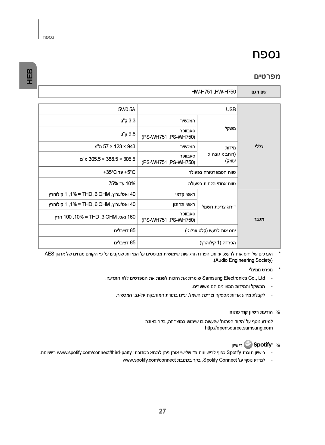 Samsung HW-H751/SQ manual חפסנ, םיטרפמ, יללכ, חותפ דוק ןוישר תעדוה, ןוישיר 