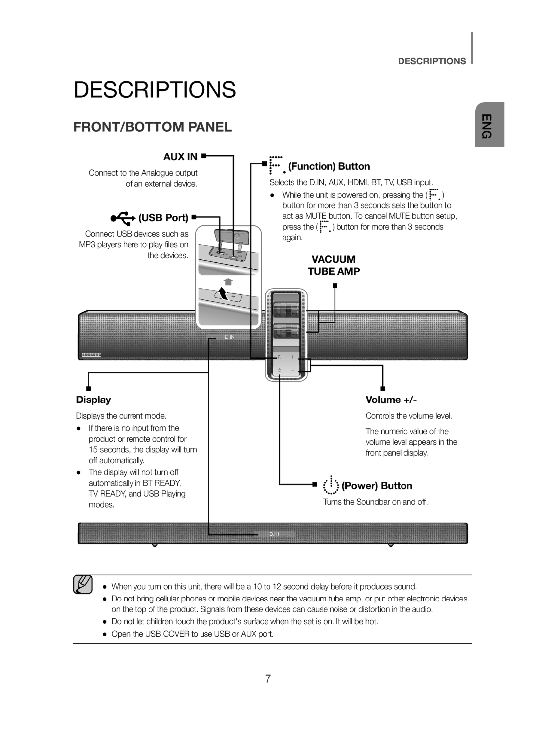 Samsung HW-H751/SQ manual Descriptions, FRONT/BOTTOM Panel 