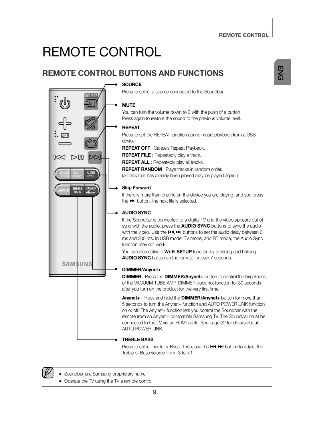 Samsung HW-H751/SQ manual Remote Control Buttons and Functions, Press to select a source connected to the Soundbar 