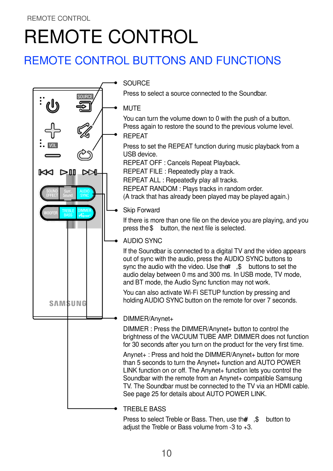 Samsung HW-H751/SQ manual Remote control, Remote Control Buttons and Functions 