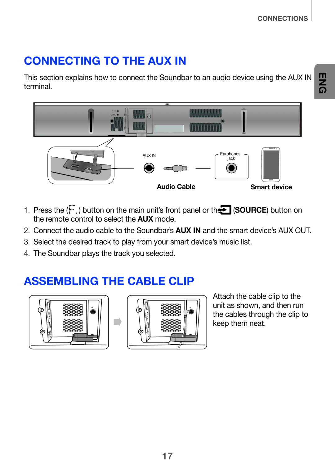 Samsung HW-H751/SQ Connecting to the AUX, Assembling the cable clip, Press the button on the main unit’s front panel or 