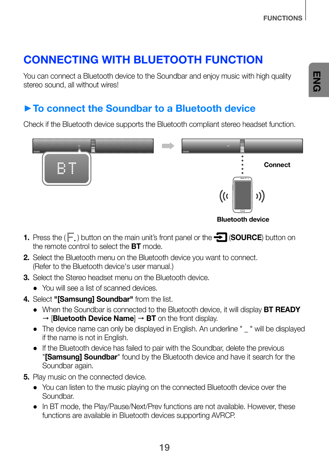 Samsung HW-H751/SQ manual Connecting with Bluetooth Function, ++To connect the Soundbar to a Bluetooth device 