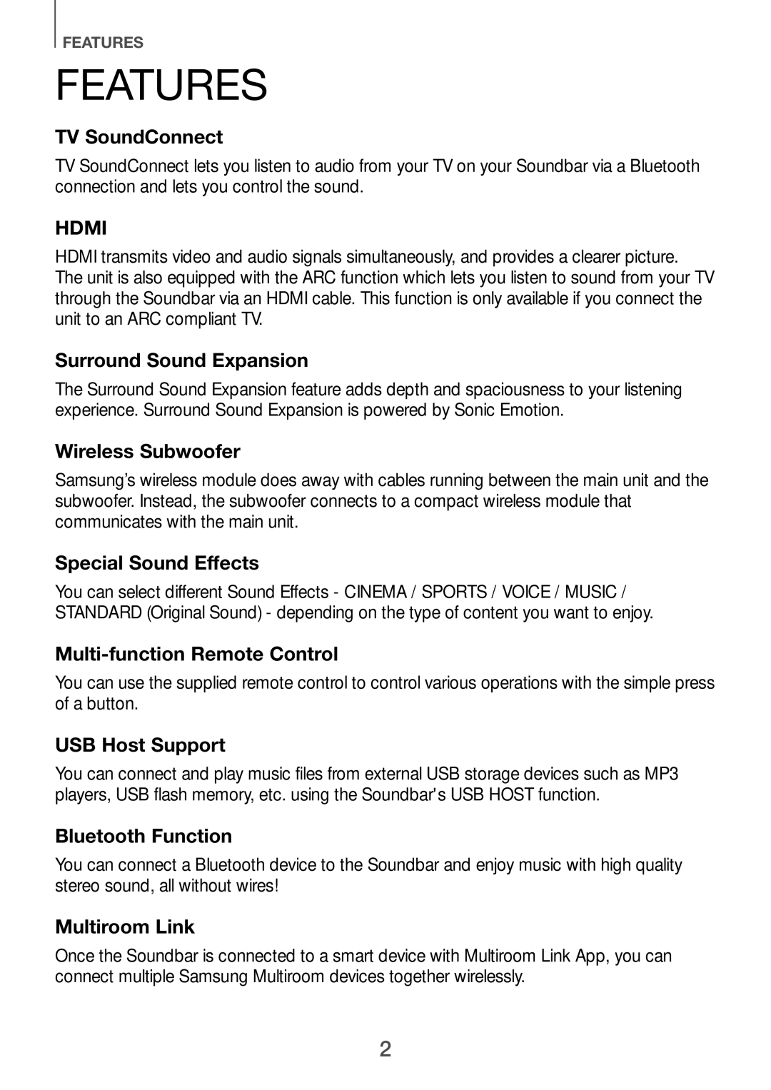 Samsung HW-H751/SQ manual Features, TV SoundConnect 