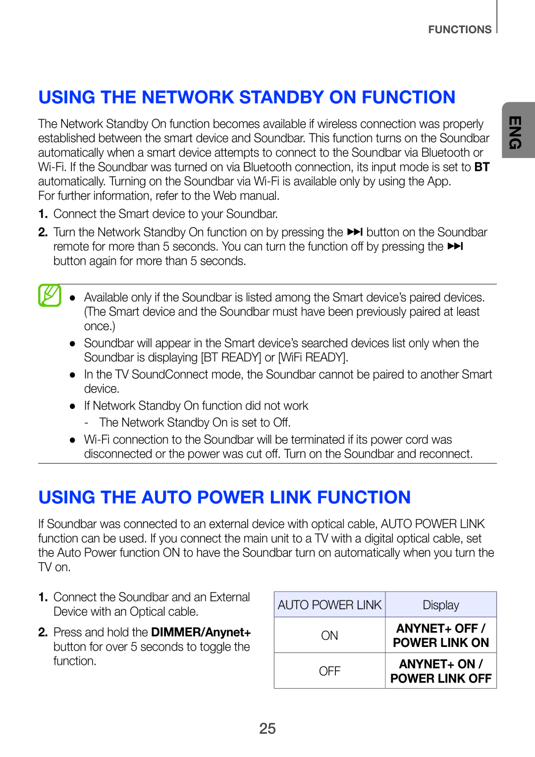 Samsung HW-H751/SQ manual Using the Network Standby On function, Using the Auto Power Link Function 