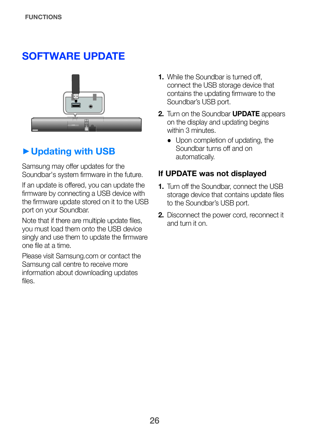 Samsung HW-H751/SQ manual Software update, ++Updating with USB, Disconnect the power cord, reconnect it and turn it on 