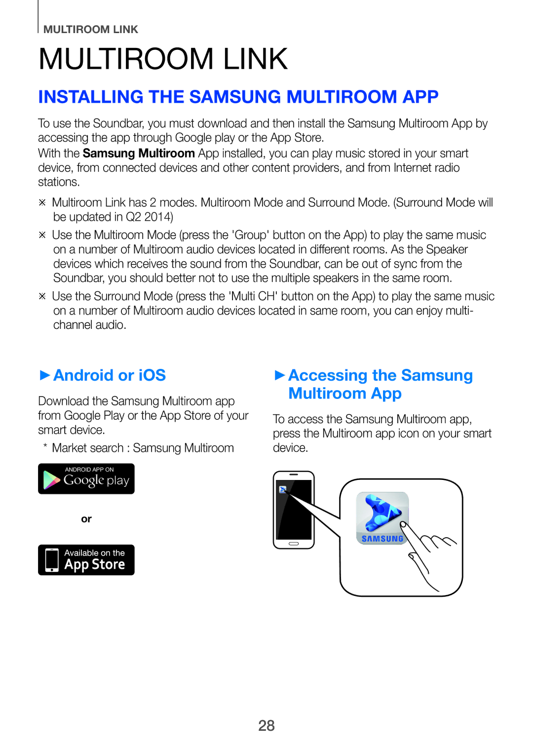 Samsung HW-H751/SQ manual Multiroom Link, Installing the Samsung Multiroom App, ++Android or iOS 