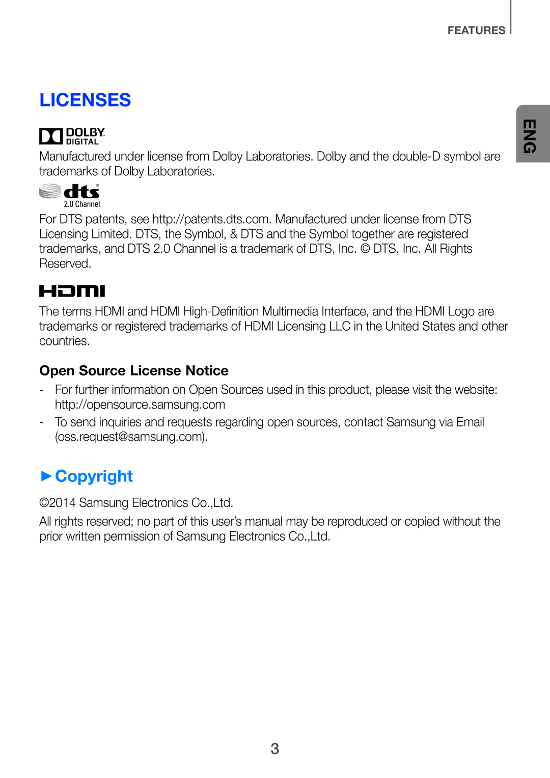 Samsung HW-H751/SQ manual Licenses, ++Copyright 