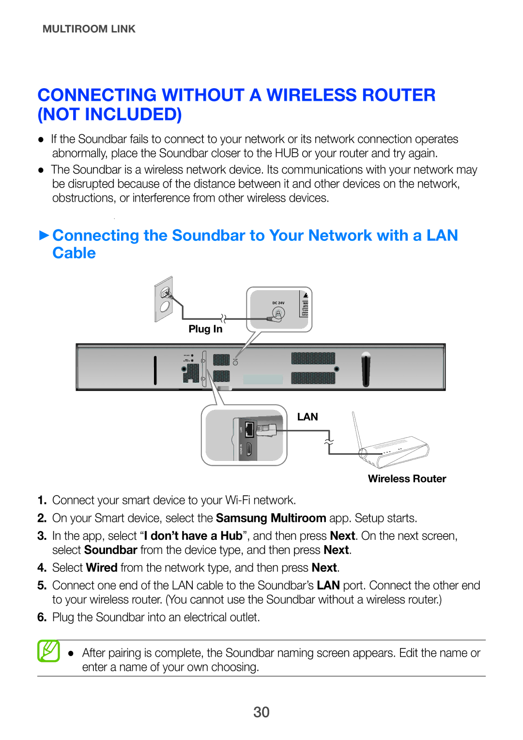 Samsung HW-H751/SQ manual Connecting Without a Wireless Router Not Included 