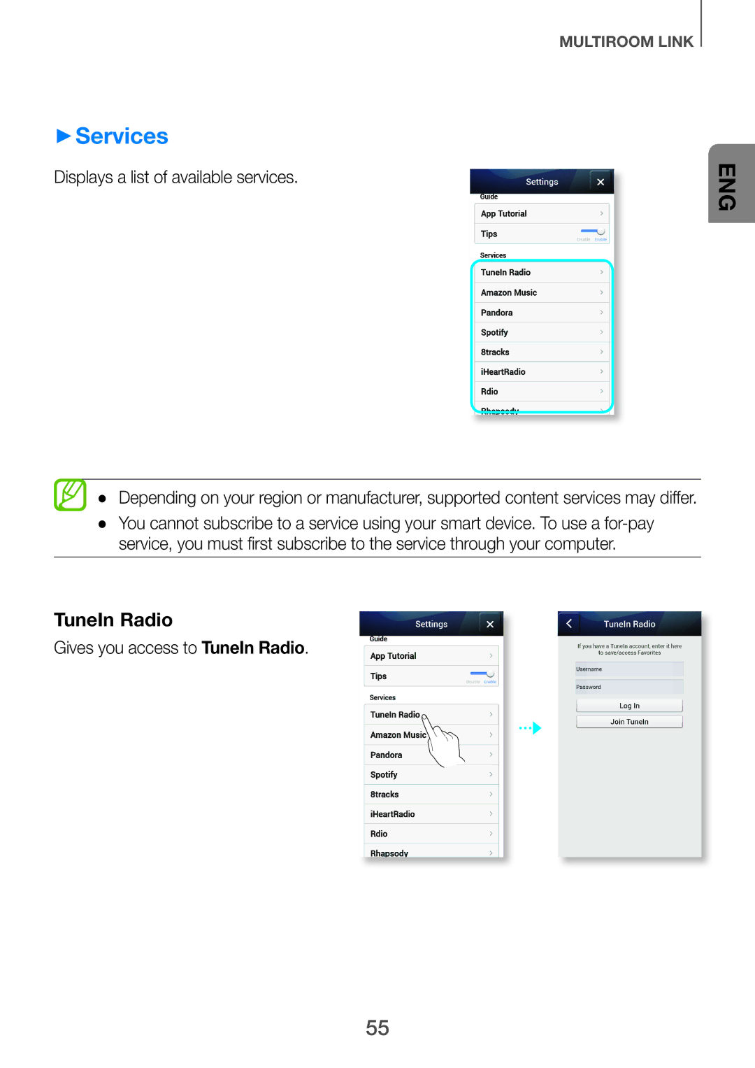 Samsung HW-H751/SQ manual ++Services, Displays a list of available services, Gives you access to TuneIn Radio 