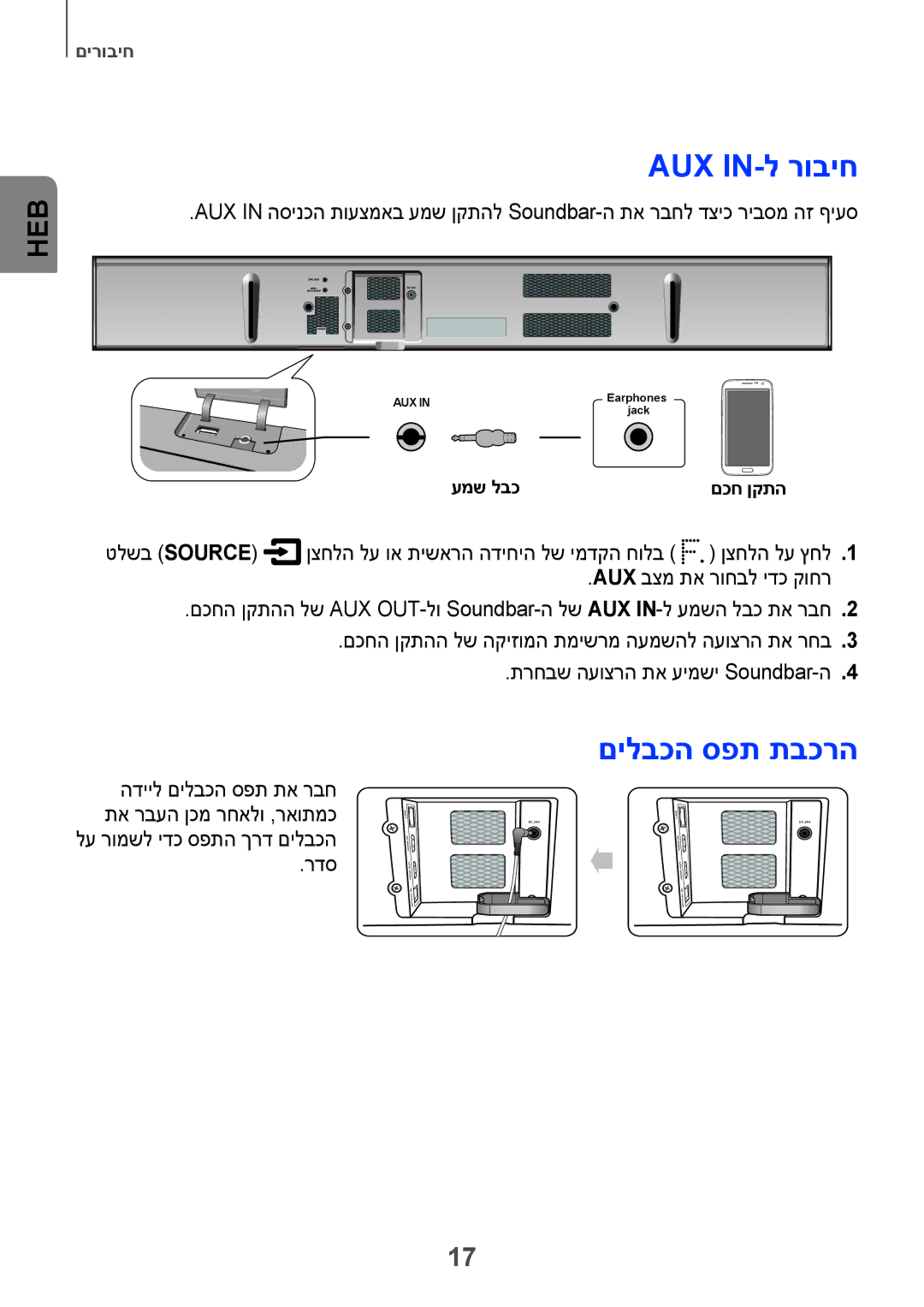 Samsung HW-H751/SQ manual Aux In-ל רוביח, םילבכה ספת תבכרה, טלשב Source ןצחלה לע וא תישארה הדיחיה לש ימדקה חולב 