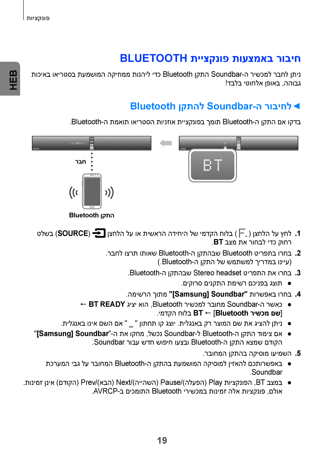 Samsung HW-H751/SQ Bluetooth תייצקנופ תועצמאב רוביח, Bluetooth ןקתהל Soundbar-ה רוביחל, ימדקה חולב BT  Bluetooth רישכמ םש 