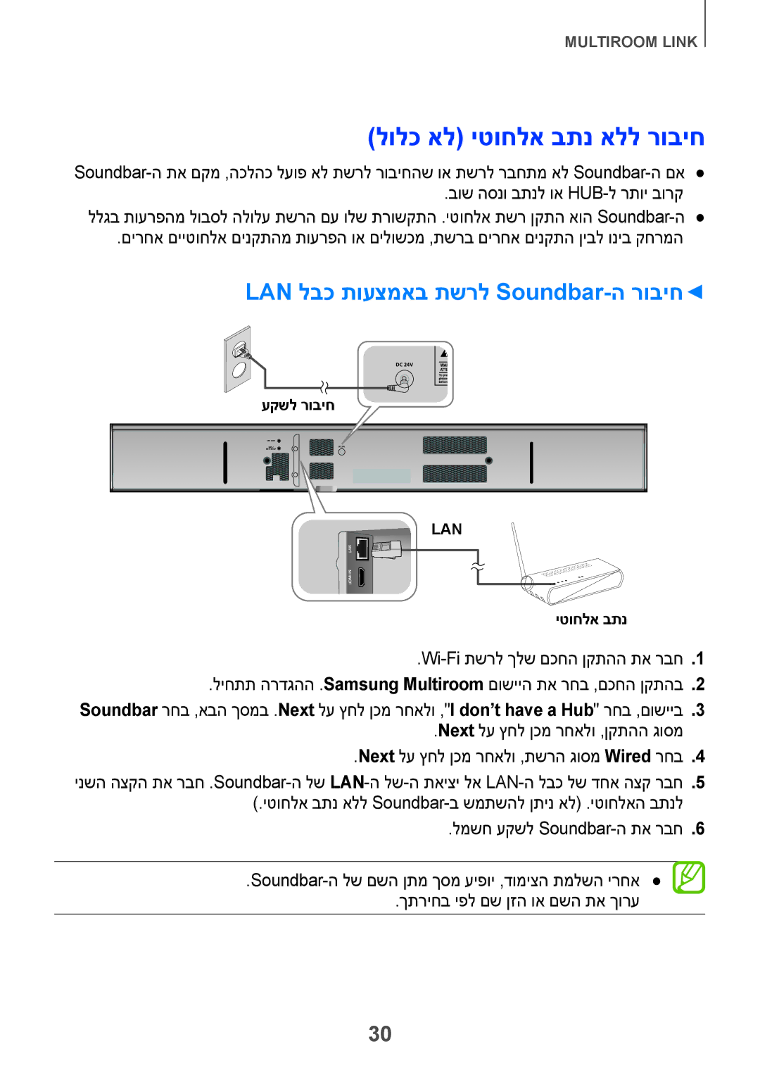 Samsung HW-H751/SQ manual לולכ אל יטוחלא בתנ אלל רוביח, LAN לבכ תועצמאב תשרל Soundbar-ה רוביח 