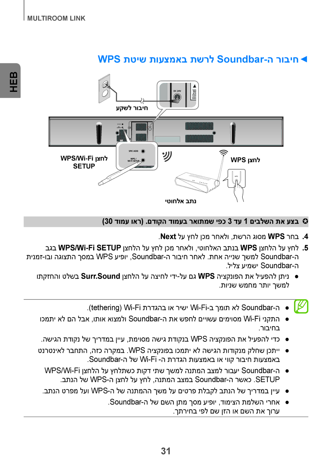 Samsung HW-H751/SQ manual WPS תטיש תועצמאב תשרל Soundbar-ה רוביח, 30 דומע ואר .םדוקה דומעב ראותמש יפכ 3 דע 1 םיבלשה תא עצב 