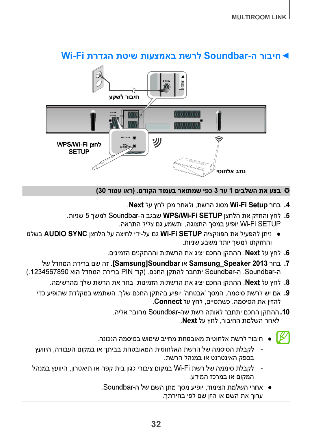 Samsung HW-H751/SQ manual Wi-Fi תרדגה תטיש תועצמאב תשרל Soundbar-ה רוביח 