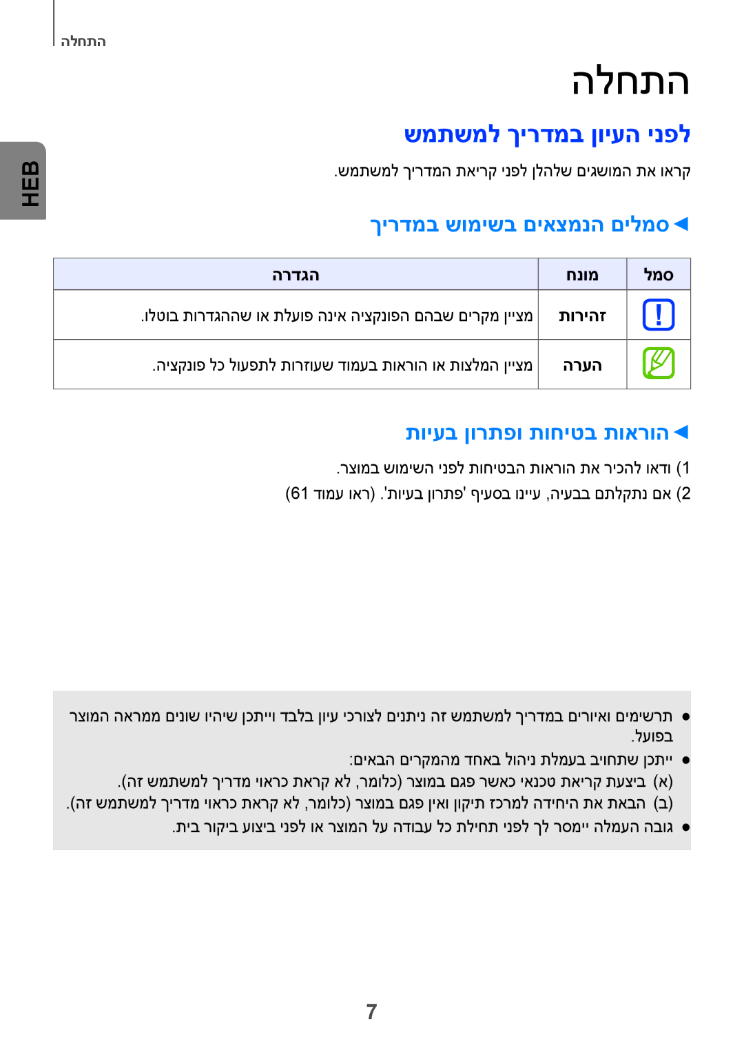 Samsung HW-H751/SQ manual הלחתה, שמתשמל ךירדמב ןויעה ינפל, ךירדמב שומישב םיאצמנה םילמס, תויעב ןורתפו תוחיטב תוארוה, הרדגה 