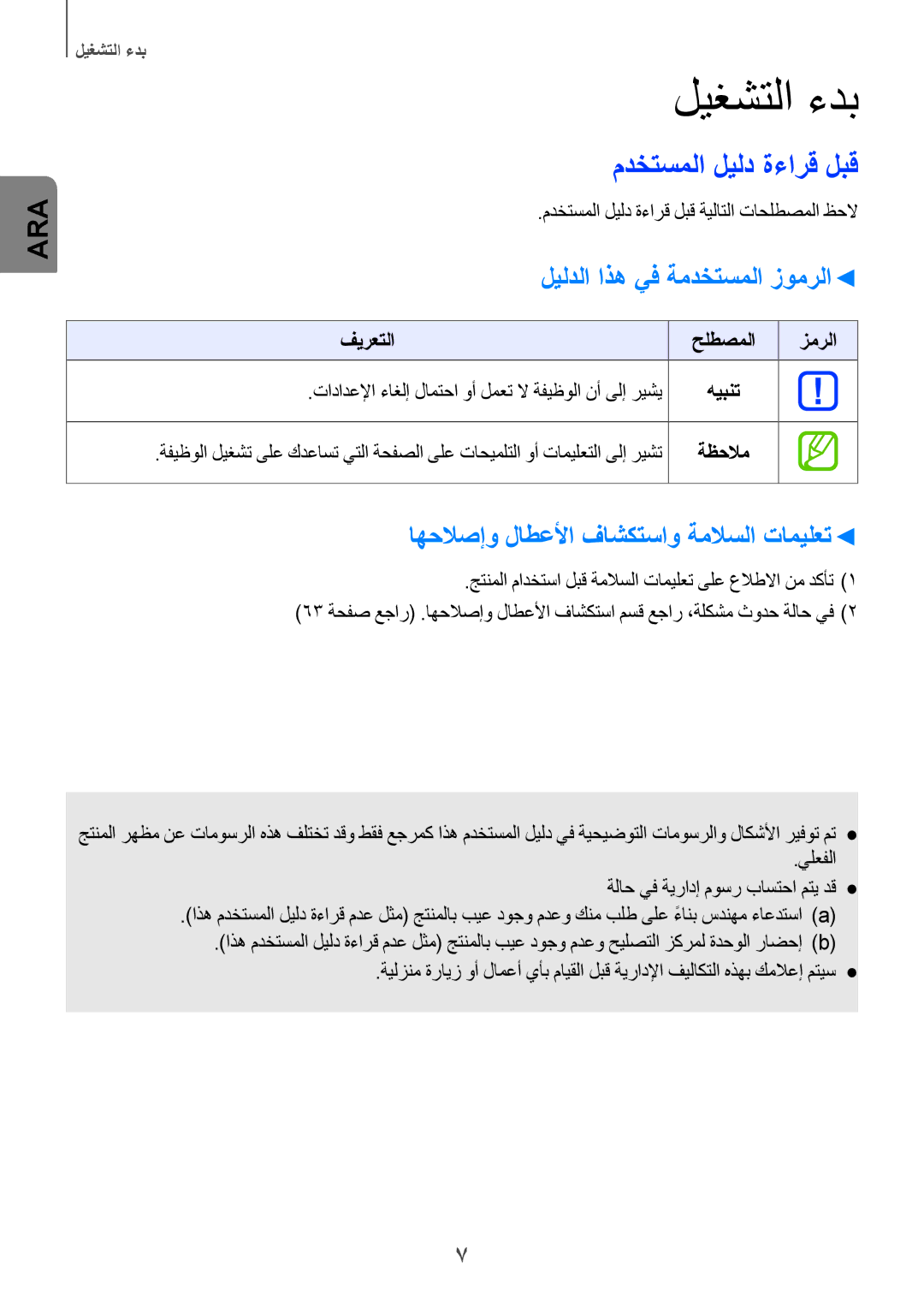 Samsung HW-H751/UM manual ليغشتلا ءدب, مدختسملا ليلد ةءارق لبق, ليلدلا اذه يف ةمدختسملا زومرلا 