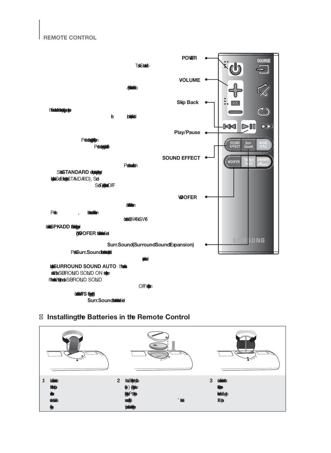 Samsung HW-H751/UM manual + Installing the Batteries in the Remote Control, Skip Back, Play/Pause 