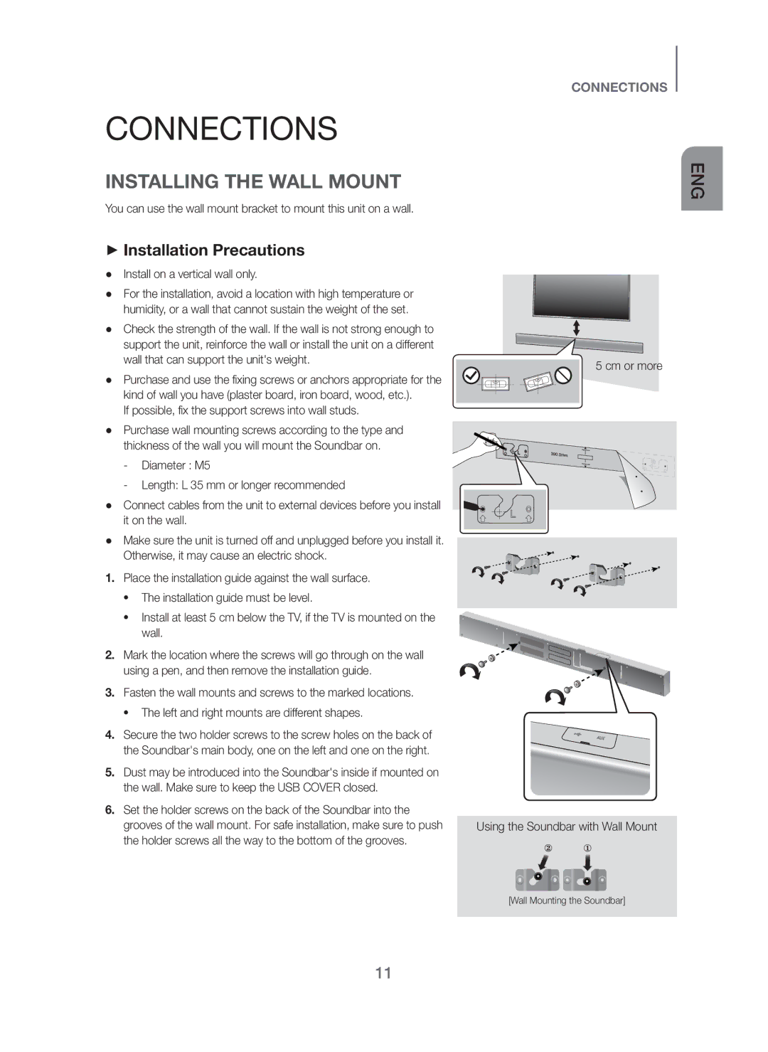 Samsung HW-H751/UM manual Connections, Installing the Wall Mount, + Installation Precautions 