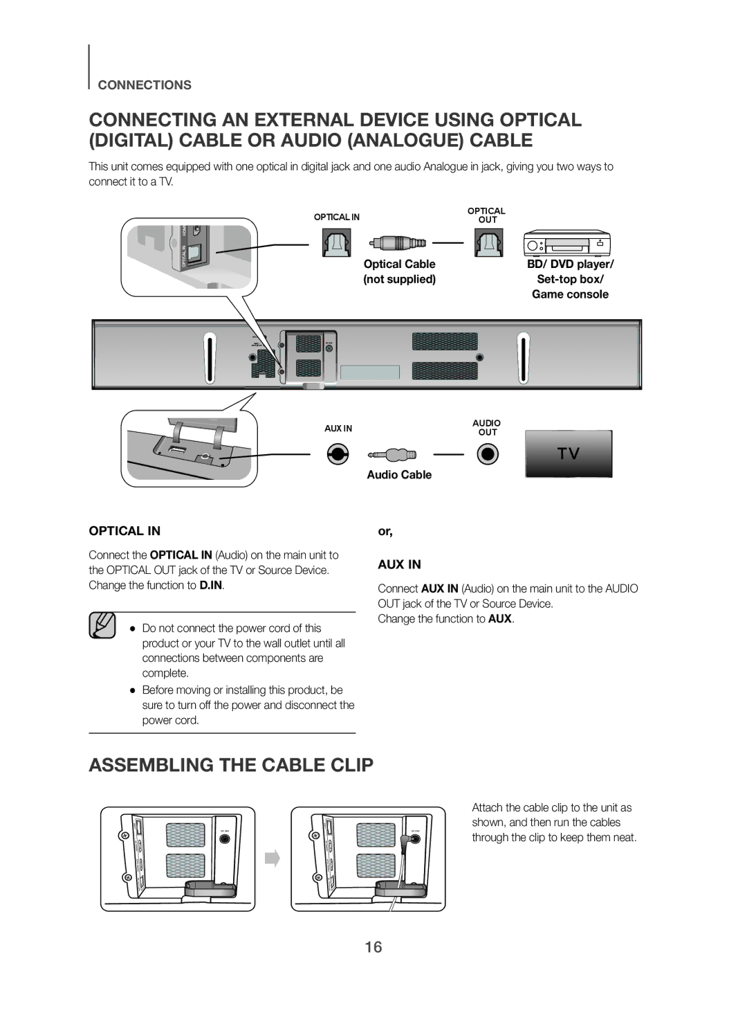 Samsung HW-H751/UM manual Optical Cable, Not supplied, Audio Cable 