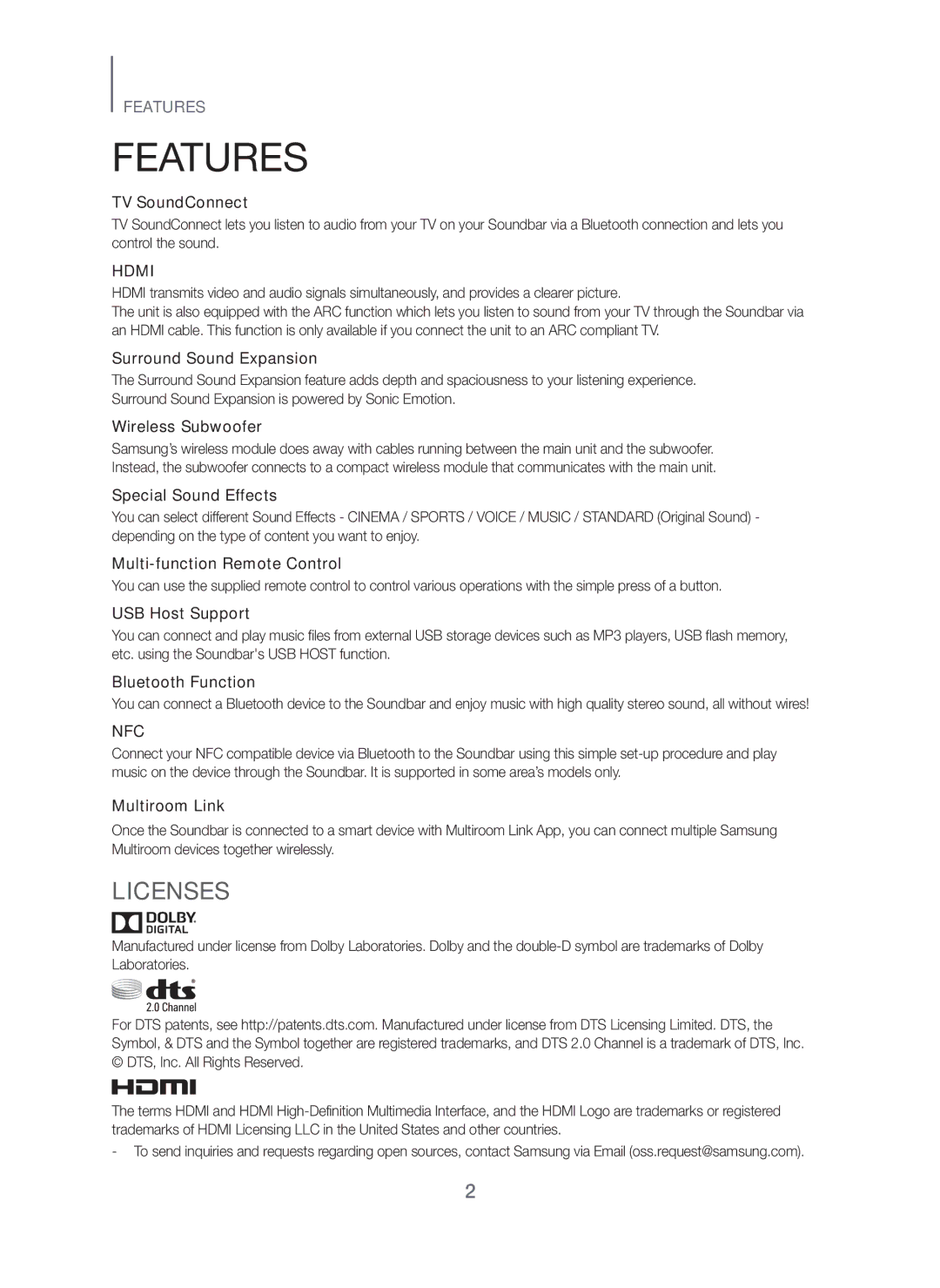 Samsung HW-H751/UM manual Features, Licenses 