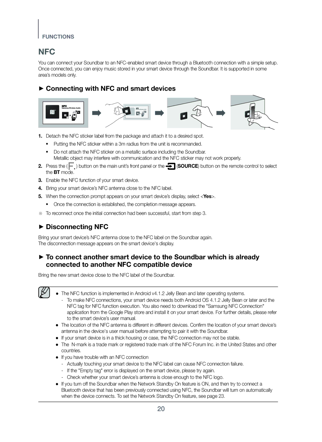 Samsung HW-H751/UM manual Nfc, + Connecting with NFC and smart devices, + Disconnecting NFC 