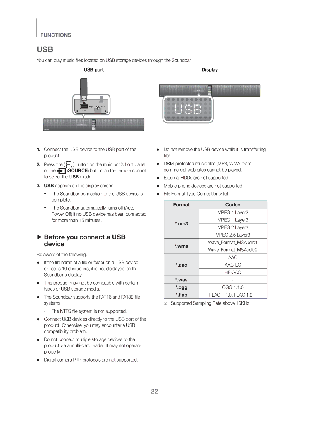 Samsung HW-H751/UM manual Usb, + Before you connect a USB device, USB port, Format Codec, Ogg 