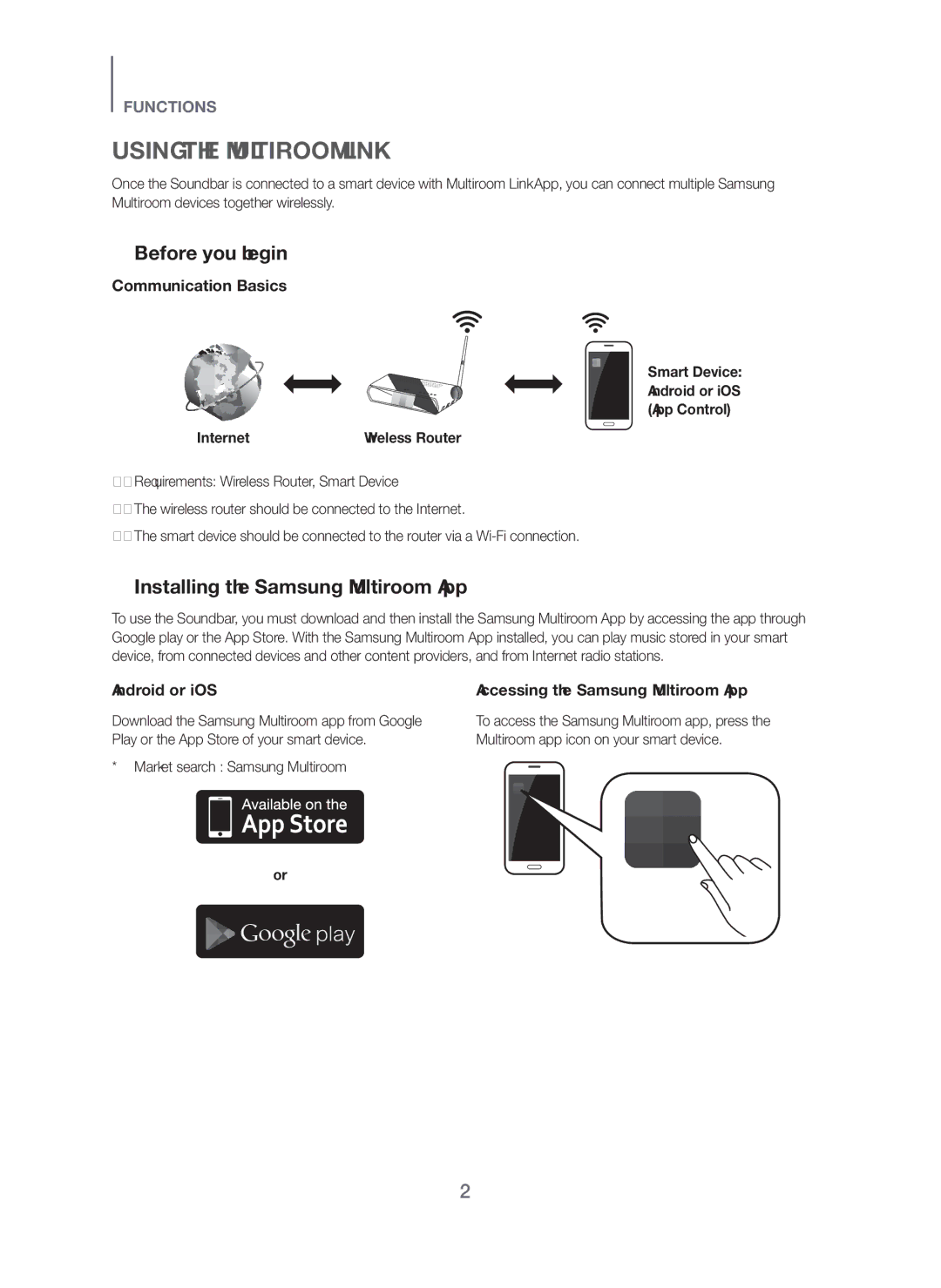 Samsung HW-H751/UM manual Using the Multiroom Link, + Before you begin, + Installing the Samsung Multiroom App 