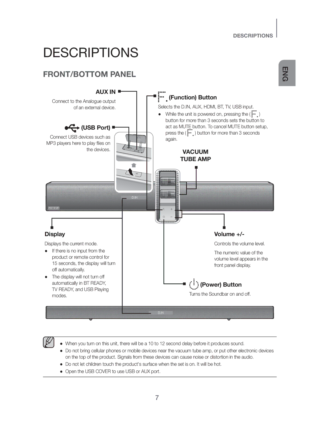 Samsung HW-H751/UM manual Descriptions, FRONT/BOTTOM Panel 