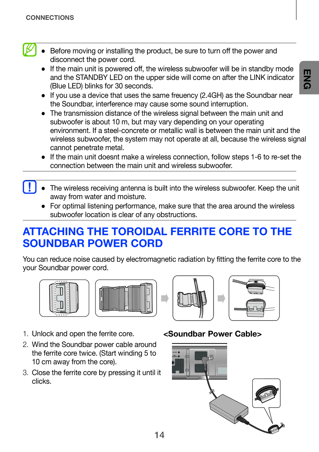 Samsung HW-H751/UM manual Unlock and open the ferrite core, Cm away from the core, Clicks 