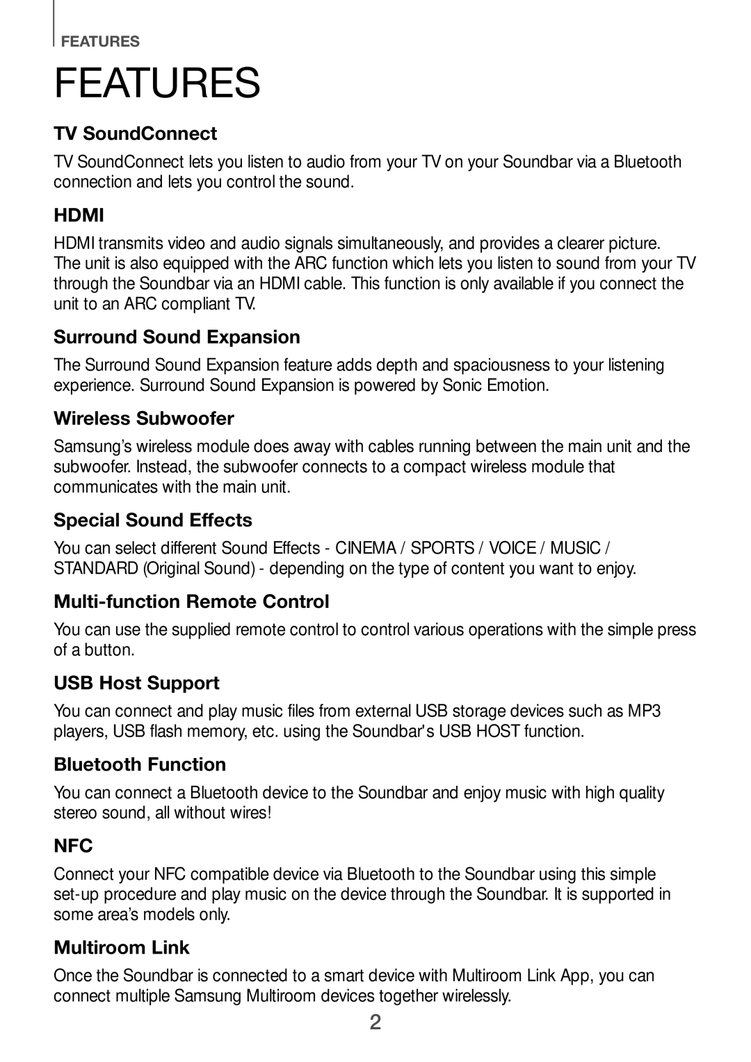 Samsung HW-H751/UM manual Features, TV SoundConnect 