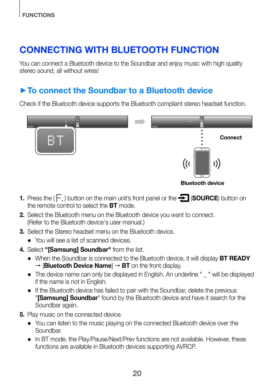 Samsung HW-H751/UM manual Connecting with Bluetooth Function, ++To connect the Soundbar to a Bluetooth device 